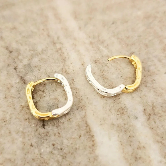 925 Sterling Silver Two Tone Earrings Gold & Silver Hoops Geometric Earrings - Picture 1 of 6